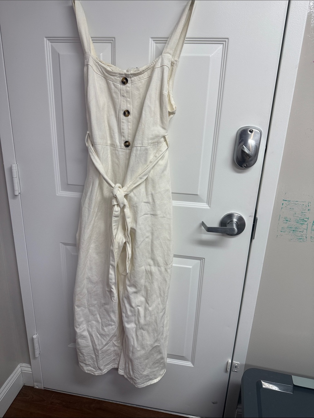 SHEIN Cream Button-Front Wide-Leg Jumpsuit with Tie Waist